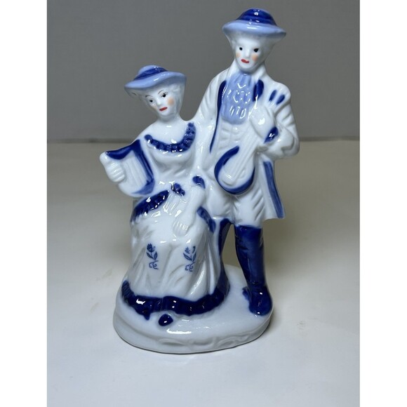 Vintage Victorian/Colonial Porcelain Couple Playing Music Figurine White/Blue - Picture 1 of 5